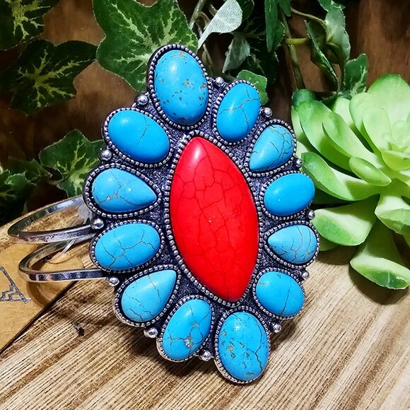 Tipi Jewelry - Silver Cuff Southwestern Style Bracelet. Turquoise and Red Faux Stones. NWT.